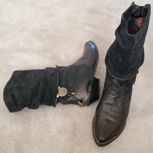 Western style, slouch, black suede, mid-calf boots, size 7 1/2M